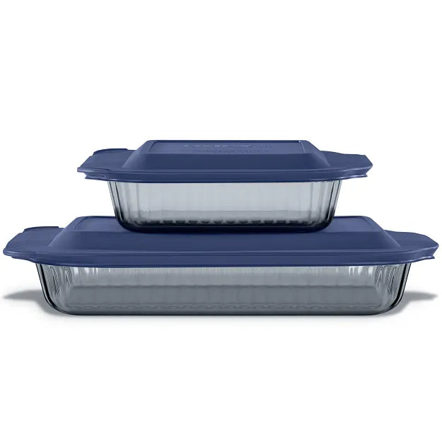 Pyrex® Colors Sculpted Tinted 4-piece Baking Set with Plastic Lids, Smoke